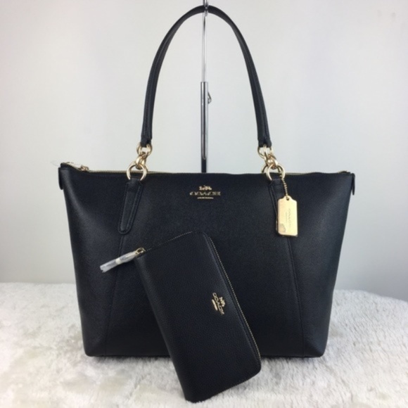 NEW Coach Ava Tote In Crossgrain Leather Handbag Black F57526 Wallet Set